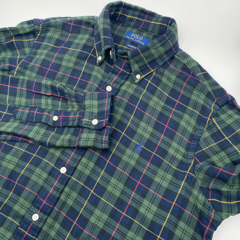 Polo Ralph Lauren Classic Fit Flannel Shirt‎ Mens Medium Green Plaid Lined Heavy